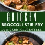 chicken rice and broccoli stir fry with text over lay