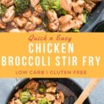 chicken rice and broccoli stir fry with text over lay