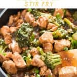 chicken rice and broccoli stir fry with text over lay