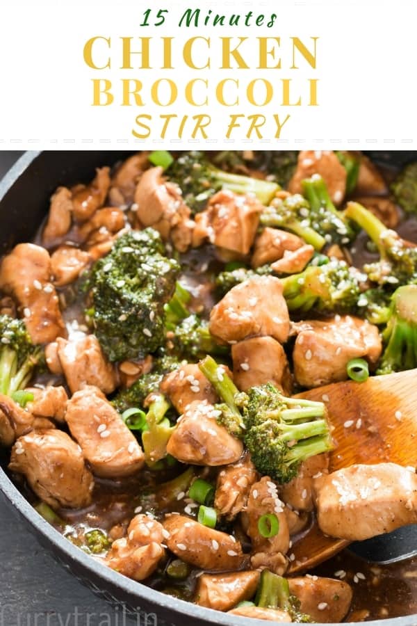 chicken rice and broccoli stir fry with text over lay