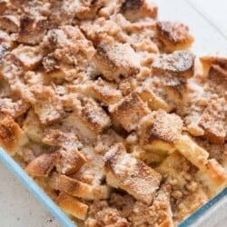 This super easy delicious overnight baked French toast casserole topped with brown sugar and cinnamon powder and all your French toast flavors that you can serve for breakfast for a large family