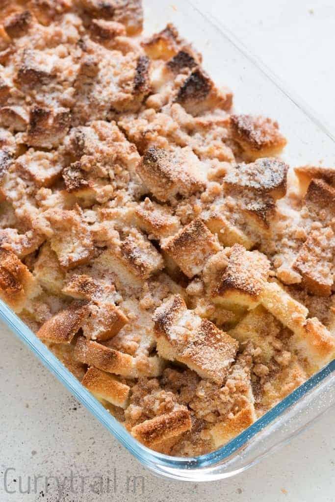 baked French toast casserole in casserole dish