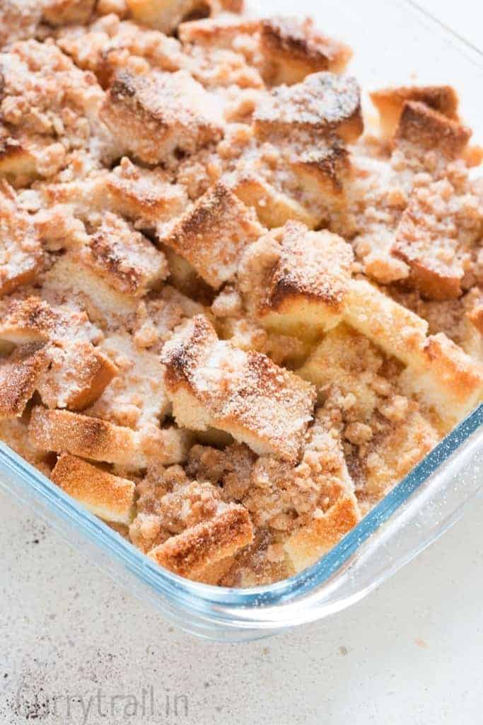 French toast casserole baked in baking dish