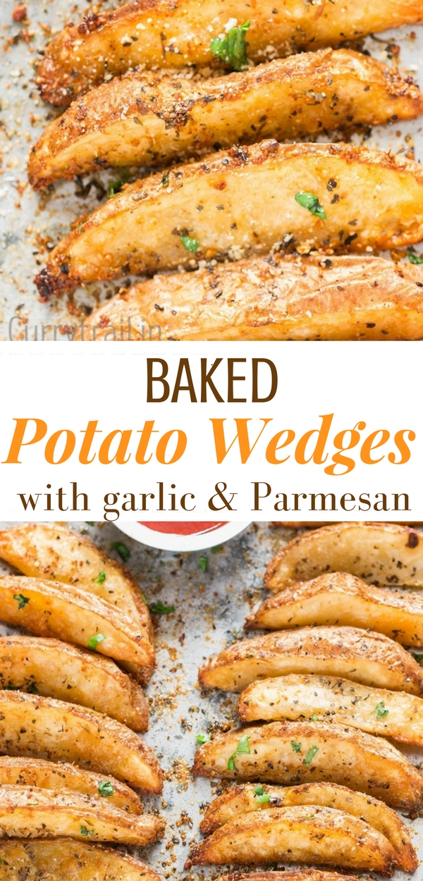 Garlic Parmesan Baked Potato Wedges 600x1250px with text overlay 