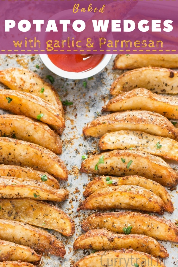 Garlic Parmesan Baked Potato Wedges 600x900px with text overlay 