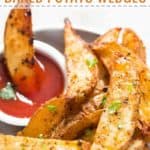 baked potatoes wedges with text overlay