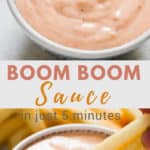 boom boom sauce in small plate with fries with text