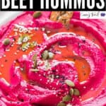roasted beet hummus in ceramic bowl with text