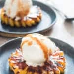 Grilling season has arrived. Fire up the grills, we are about to make the best grilled pineapple with brown sugar and rum glaze. What could be better summer grilling than these grilled pineapple topped with vanilla ice cream with drizzled with rich rum glaze.
