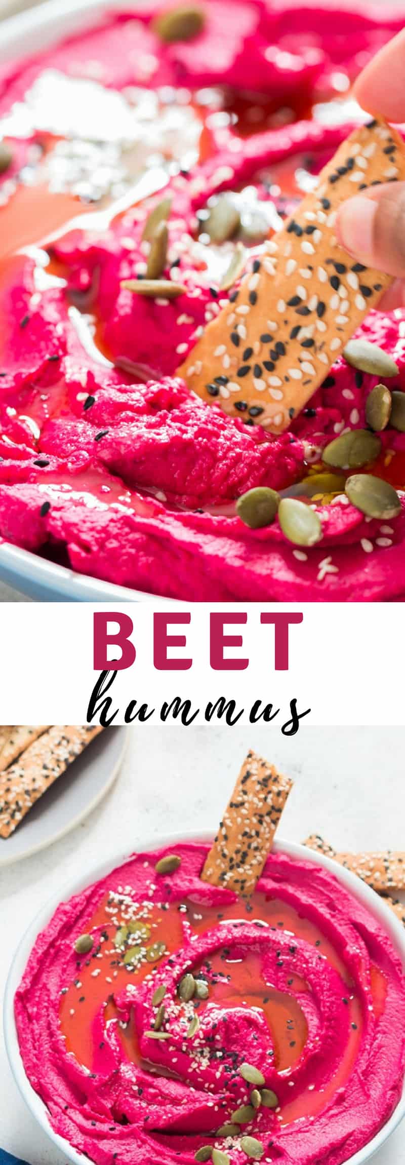 It takes 5 minutes to whip up a pink summery hummus, this is 5 minutes super creamy roasted beet hummus. We are in love with vibrant pink color of this roasted beet hummus. Beetroots adds slight sweet earthy flavors to the hummus with a burst of electric pink color, I’ve always been taken with the color! It’s excellent dip with raw veggies, chips, pita bread.