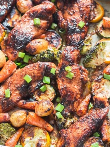 teriyaki sheet pan chicken with vegetables cooked