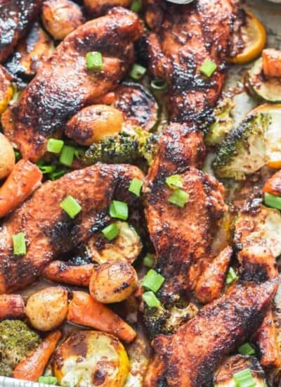 teriyaki sheet pan chicken with vegetables cooked