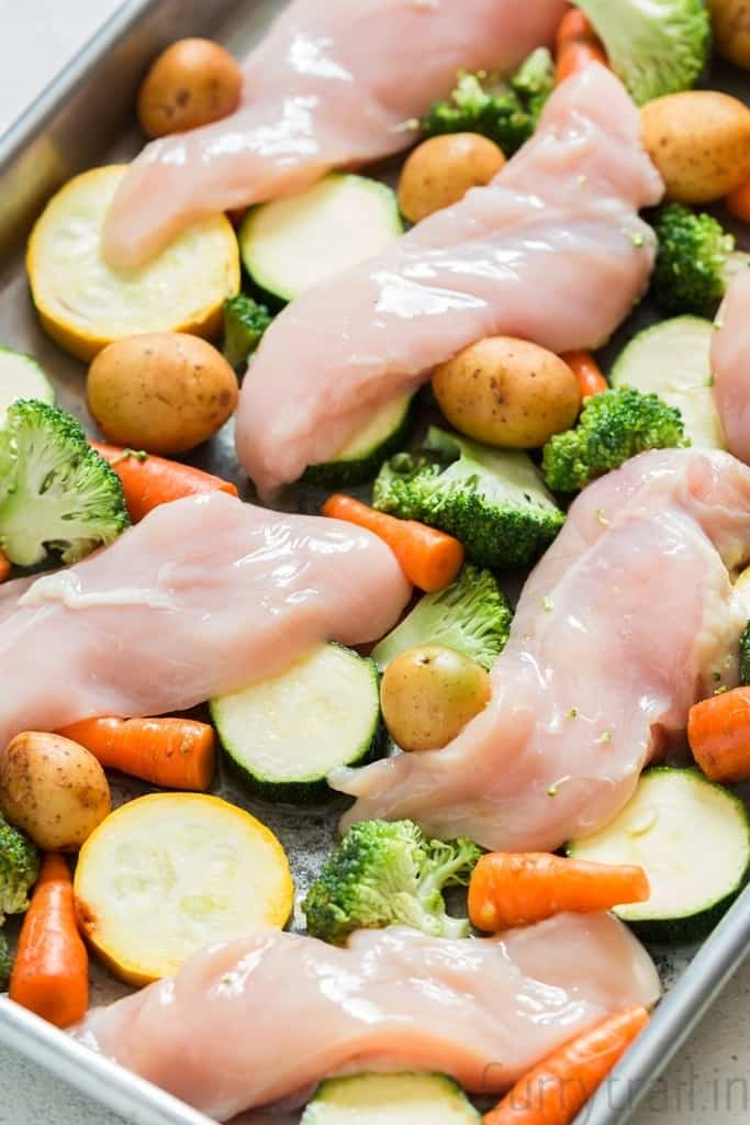 Chicken breasts and veggies on a sheet pan for teriyaki sheet pan chicken recipe