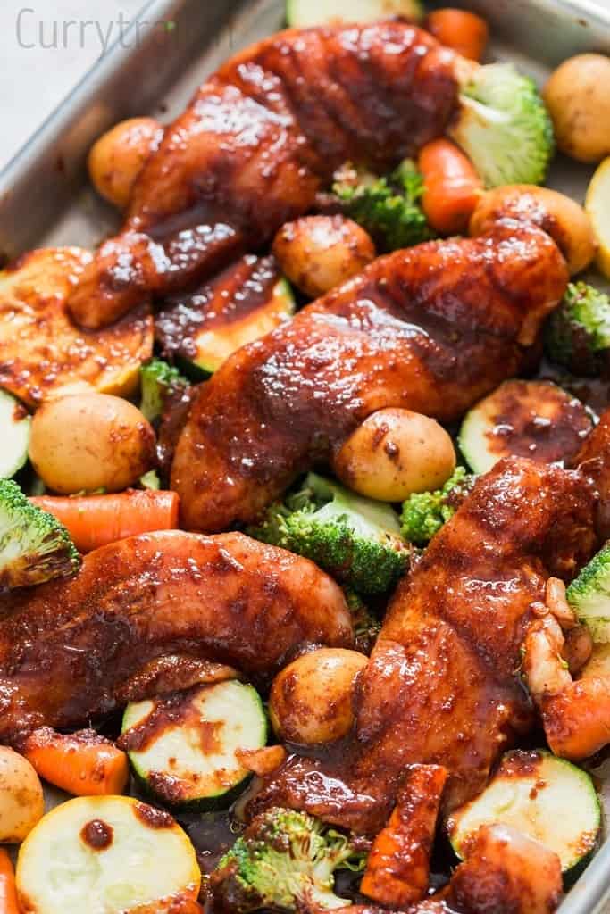 homemade teriyaki sauce brushed over chicken breasts and vegetables