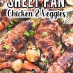 sheet pan chicken cooked with vegetables in homemade teriyaki sauce with text