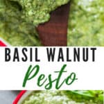 healthy vegan basil walnut pesto in white bowl with text overlay