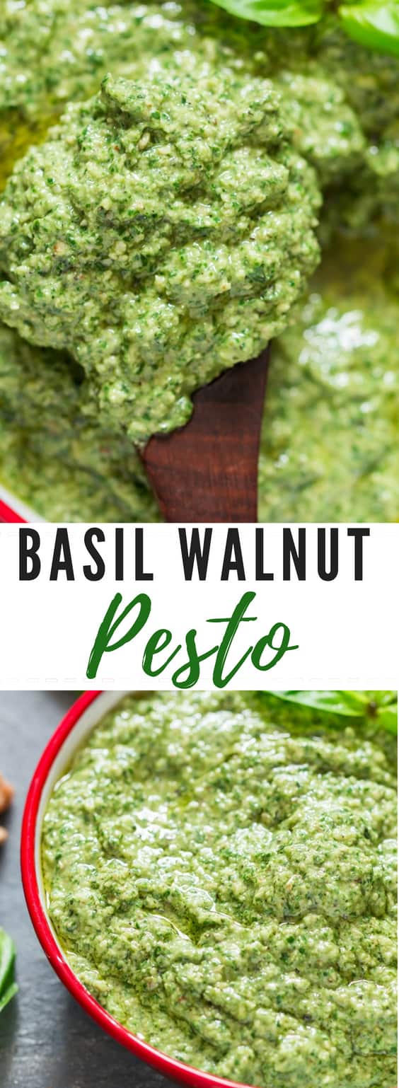 healthy vegan basil walnut pesto in white bowl with text overlay