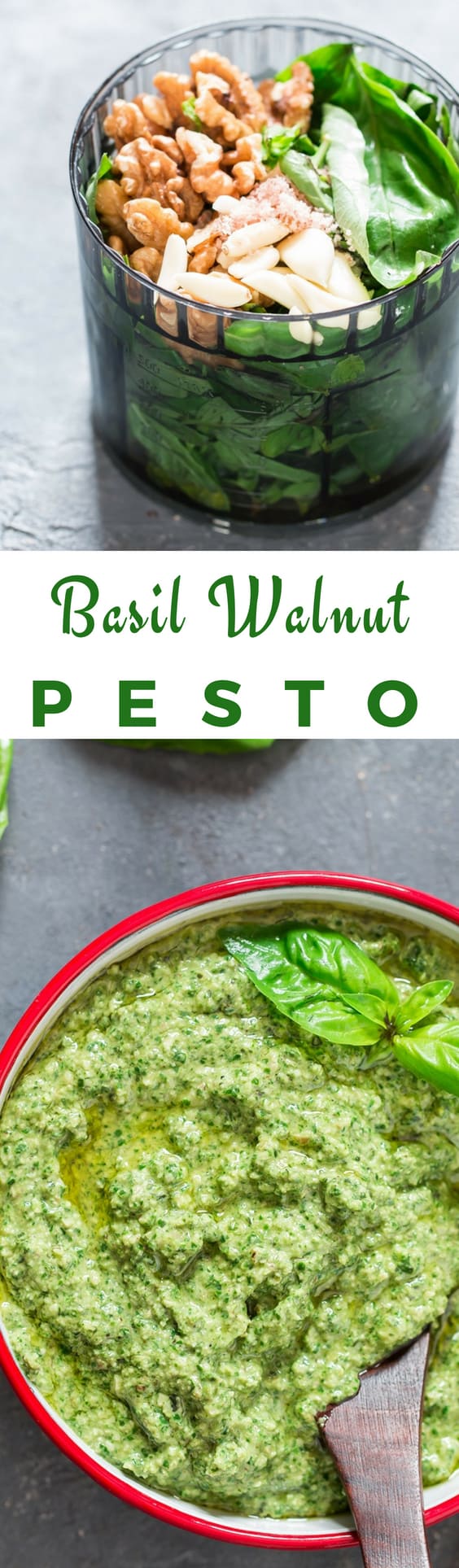 healthy vegan basil walnut pesto in white bowl with text overlay