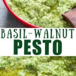 walnut basil pesto in small bowl with wooden spoon with text