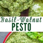 walnut basil pesto in small bowl with wooden spoon with text