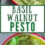 fresh basil pesto in a bowl with wooden spoon with text