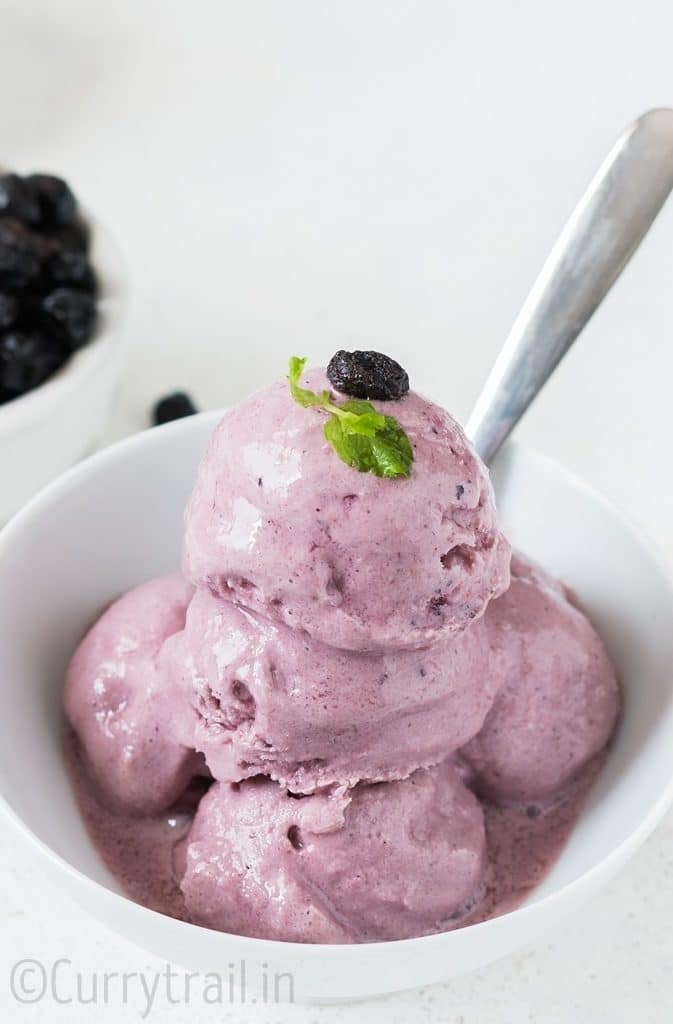 blueberry frozen yogurt in white bowl with a spoon