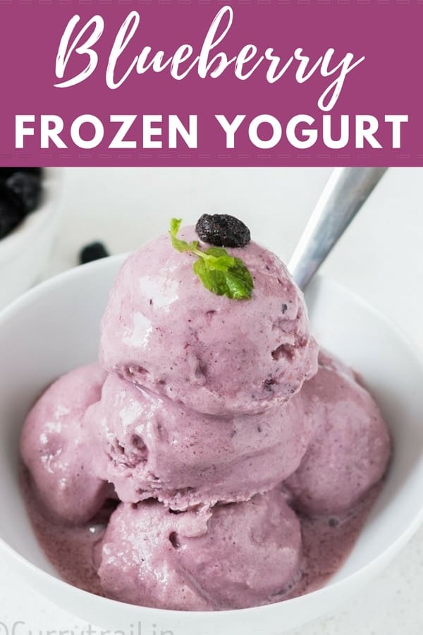 blueberry frozen yogurt in white bowl with a spoon with text overlay