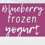 blueberry frozen yogurt in white bowl with a spoon with text overlay