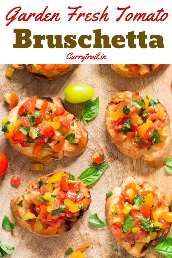 Wooden platter with fresh tomato bruschetta lined up