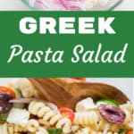 Greek pasta salad in glass bowl with text overlay