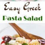 Greek pasta salad recipe with text overlay