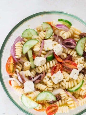 Greek pasta salad in a bowl