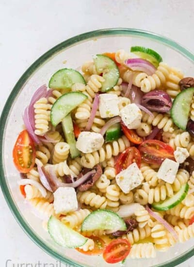 Greek pasta salad in a bowl