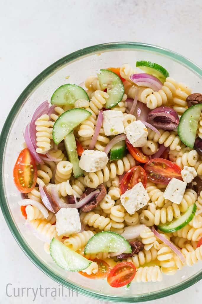 Greek pasta salad in a bowl