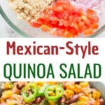 Mexican quinoa salad in a bowl with text overlay