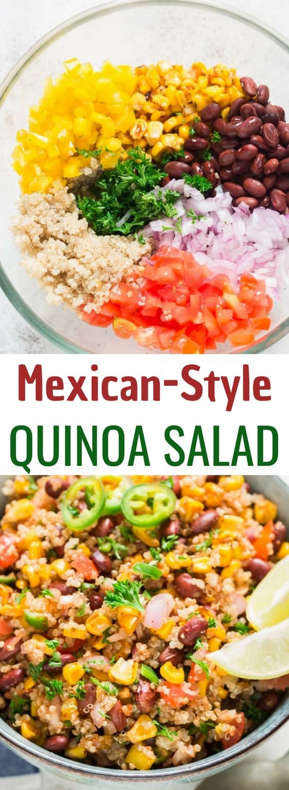 Mexican quinoa salad in a bowl with text overlay