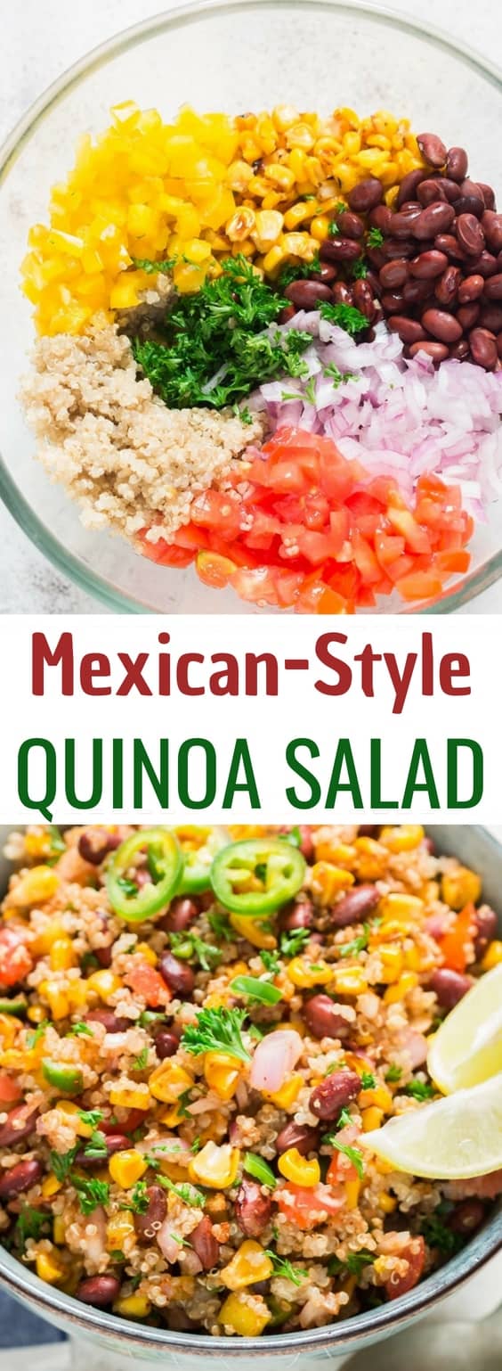 Mexican quinoa salad in a bowl with text overlay