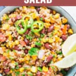 Mexican quinoa salad in a bowl with text overlay