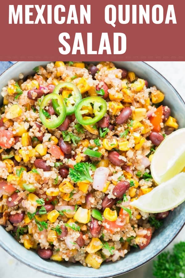 Mexican quinoa salad in a bowl with text overlay