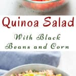 Mexican quinoa salad in a bowl with text overlay