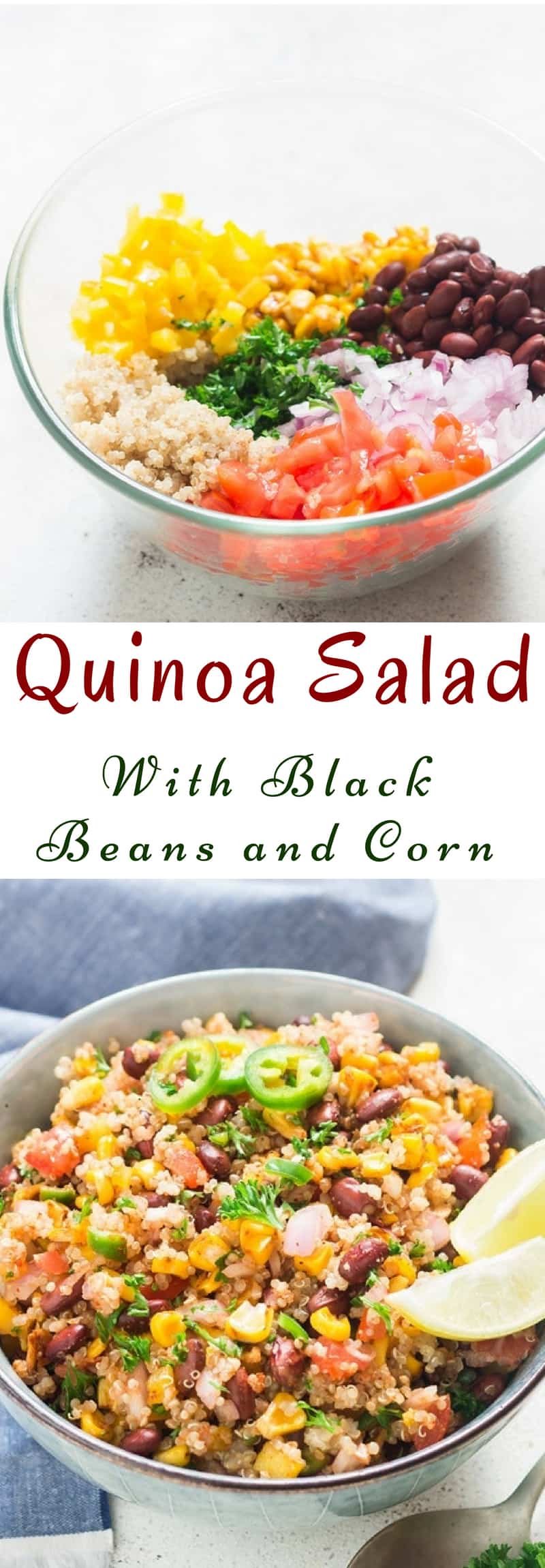 Mexican quinoa salad in a bowl with text overlay