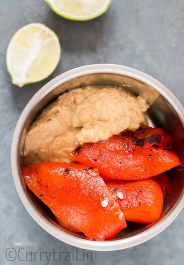 Prepping smoky red pepper hummus dressing