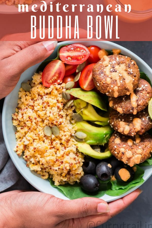 blue bowl having falafel, quinoa, vegetables all arranged for Mediterranean Vegan Buddha Bowl with red pepper hummus dressing with text overlay