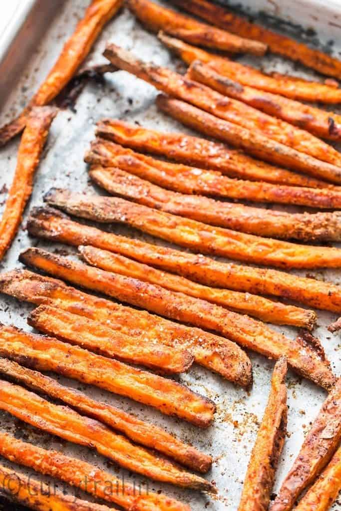 baked sweet potato fries after baking