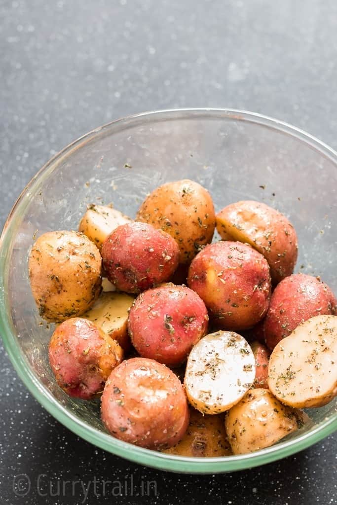 potatoes mixed with herbs prep work for instant pot potatoes roast