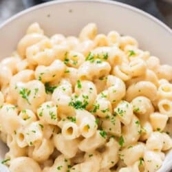 instant pot macaroni and cheese served in white bowls sprinkled with parsley