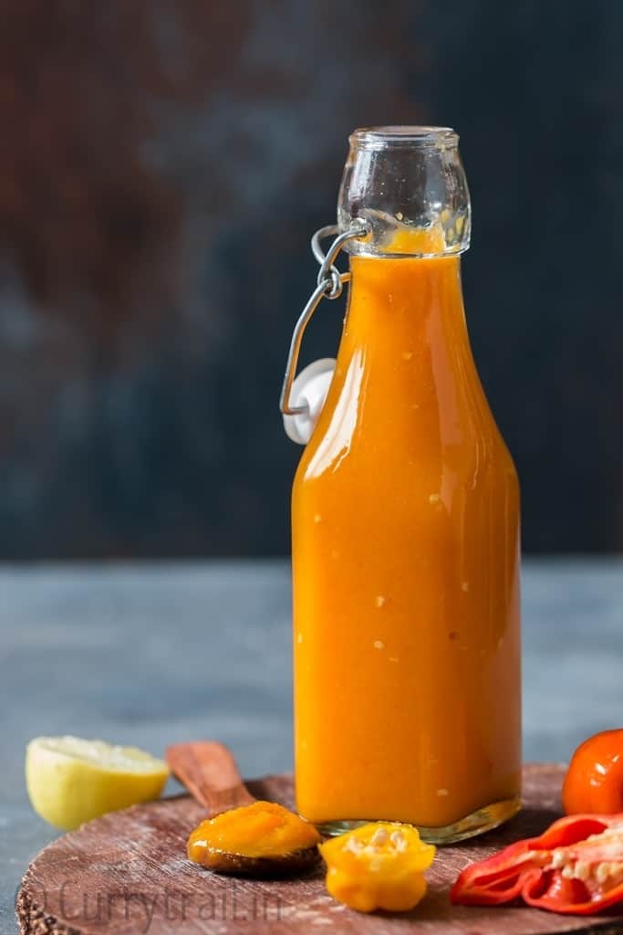 a bottle of mango habanero hot sauce