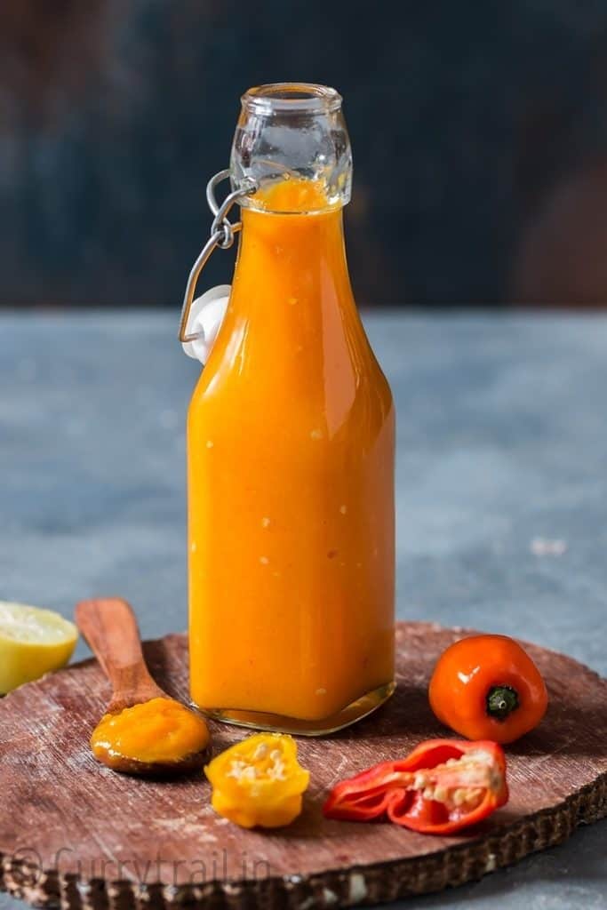 mango habanero hot sauce in a bottle