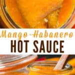 bottle full of spicy hot sauce made of mango and habanero peppers with text