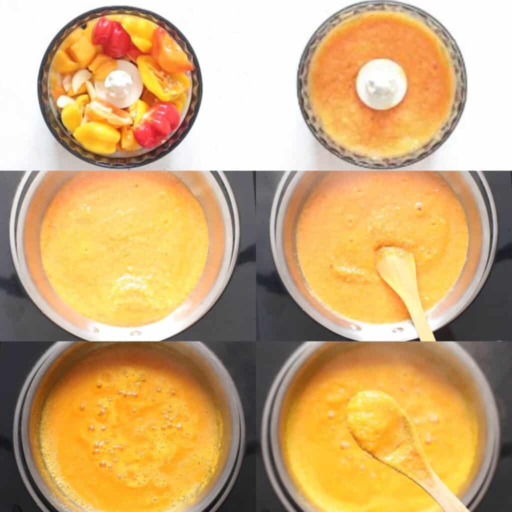 step by step picture collage of mango habanero hot sauce